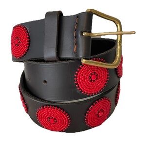 The Kenyan Collection Disk Beaded BELT Sz 32 Unisex Black Leather  HANDMADE ART